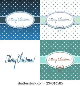 Set of christmas blue flat background with the little dots, ribbon and oval frame with bow and stitched thread for congratulations. Can be used as greeting card