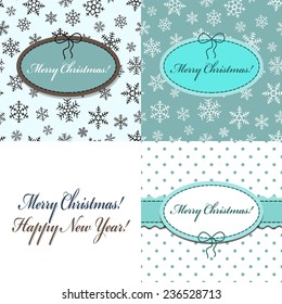 Set of christmas blue flat background with the little dots, snowflakes, ribbon and oval frame with bow and stitched thread for congratulations. Can be used as greeting card