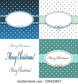Set of christmas blue flat background with the little dots, ribbon and oval frame with bow and stitched thread for congratulations. Can be used as greeting card