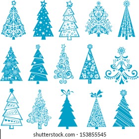 set of christmas blue trees isolated on White background. Vector illustration 