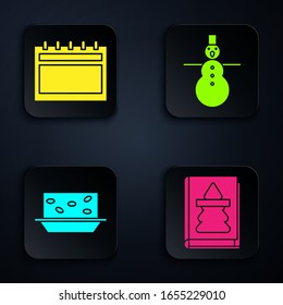 Set Christmas book, Calendar, Nougat with nuts and Christmas snowman. Black square button. Vector