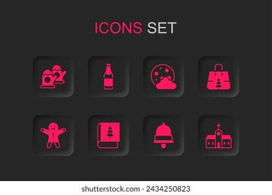 Set Christmas book, Champagne bottle, mittens, ringing bell, shopping bag, Church building, night and Holiday gingerbread man cookie icon. Vector