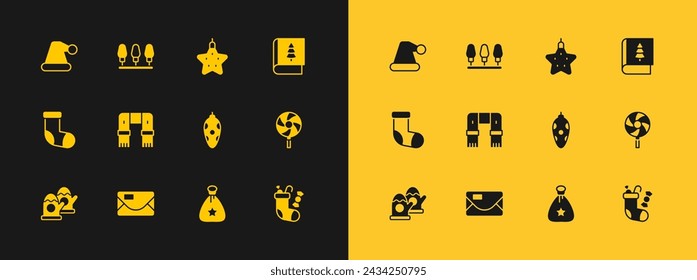 Set Christmas book, Envelope, toy, Santa Claus bag gift, Winter scarf, star, hat and lights icon. Vector