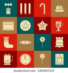 Set Christmas book, Merry ringing bell, Mulled wine with glass of drink, candy cane stripes, Cookie or biscuit chocolate, Calendar, Price tag inscription Sale and star icon. Vector