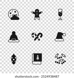 Set Christmas book, Santa Claus hat, Candy, cane with stripes, Glass of champagne, night, Holiday gingerbread man cookie and  icon. Vector