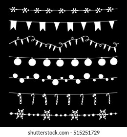 Set of Christmas borders, strings, garlands, brushes. Party decoration with Christmas balls, baubles, lights, flags, candy sticks and snowflakes. White isolated chalk objects on blackboard. Vector.