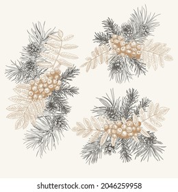 Set of christmas bouquets with conifers and rowan. Vintage compositions. Logo with spruce, pine and mountain ash. Vector botanical illustration. Engraving style. Black and White and golden pattern. 