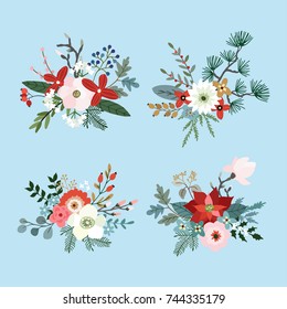 Set of Christmas bouquets made of fir, pine and eucalyptus tree branches, poinsettia, mums,  magnolia flowers, holly, leaves and berries. Floral winter decoration. Isolated vector objects.