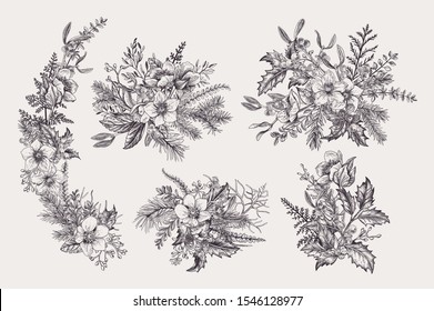 Set of Christmas bouquets. Vintage compositions with winter plants, berries and flowers. Vector botanical illustration. Black and white.