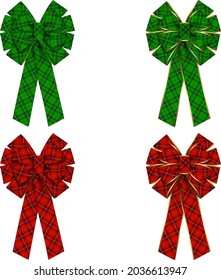 set of christmas bows with tartan texture and gold edging