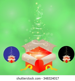 Set Christmas box with neon Christmas tree, vector objects