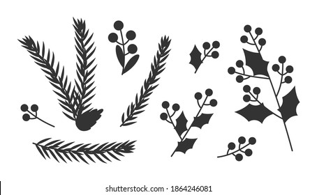 Set of Christmas branches with pine cones, berries, leaves. Black silhouettes winter floral elements. Traditional symbol New year holiday. Templates mistletoe. Isolated on white vector illustration