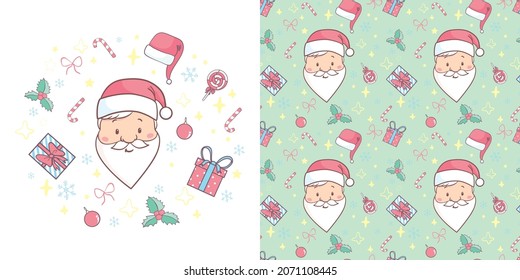 Set Christmas bright and cute patterns. Cute Santa Claus for Christmas and New Year greeting design. Vector illustration.