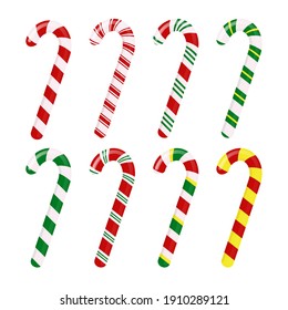 Conjunto de latas de dulces a rayas brillantes de Navidad. Ilustración vectorial aislada sobre fondo blanco.
