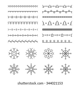 Set of Christmas brushes and snowflakes. Line design icons