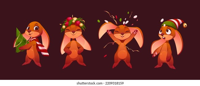 Set of Christmas bunnies isolated on background. Vector illustration of cartoon animals with New Year tree, throwing confetti, playing with snow, wearing Santa Claus hat. Postcard design character