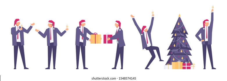 Set of christmas businessmen. Happy businessmen in santa hats celebrate winter holidays. Christmas tree, New Year's gifts, corporate party. Vector illustration.