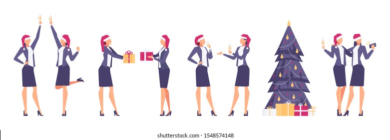 Set of christmas businesswomen. Happy business women in santa hats celebrate winter holidays. Christmas tree, New Year's gifts, corporate party. Vector illustration.