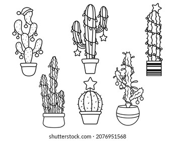 Set of Christmas cactus in pots. Collection of cactus with garland and stars, santa hat. Feliz Navidad. Holiday Invitation. Festive exotic decor. Vector illustration for Christmas postcard. 