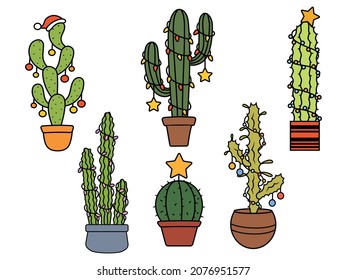 Set of Christmas cactus in pots. Collection of cactus with garland and stars, santa hat. Feliz Navidad. Holiday Invitation. Festive exotic decor. Vector illustration for Christmas postcard. 