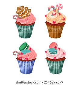 Set of Christmas cakes with candies, cookies and berries on isolated background. Vector illustration.