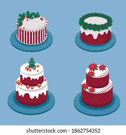 
Set of Christmas cakes on blue background