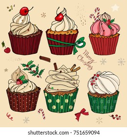 A set with Christmas cakes, sweets, buns, ornaments. For the menu. postcards, congratulations.