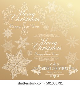 Set of Christmas calligraphic design elements and snowflakes. Vector illustration