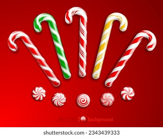 A set of Christmas candies on a red background. Christmas candy, lollipop, caramel. Vector illustration. Eps 10. 