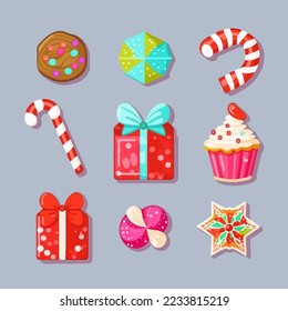 A set of christmas candies, xmas candy printable sticker collection sheet. New-year collection