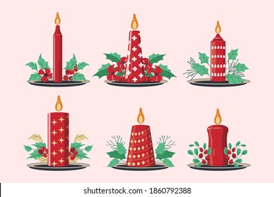 Set of Christmas Candle with Branch Christmas Flower Background