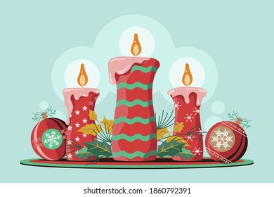 Set of Christmas Candle with Branch Christmas Flower Background