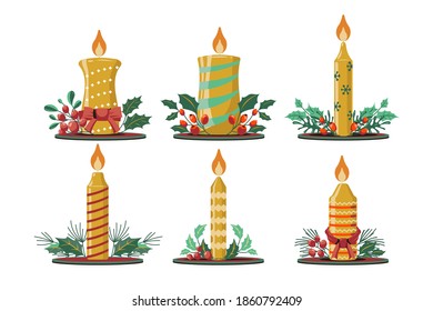 Set of Christmas Candle with Branch Christmas Flower Background
