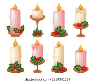 A set of Christmas candles in berries and holly leaves on candlesticks, stands. Christmas light decoration set. Vector