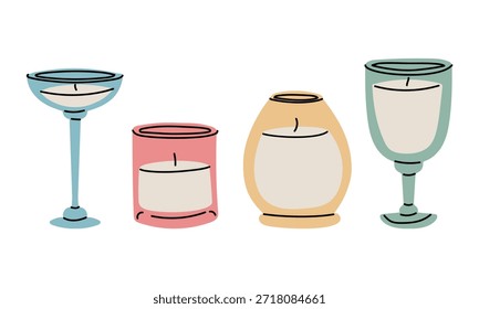 set of Christmas candles with flat colored glass silhouette in various glass candlesticks and cups. colorful holiday collection for cozy winter greeting cards, festive home decor, or seasonal graphic