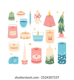 Conjunto de velas de Navidades. Composición de Días festivos. Ilustración de colección plana dibujada a mano de Vector aislada sobre fondo blanco.