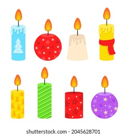 Set of Christmas candles. Merry Christmas and Happy New Year. Vector graphics. EPS 10. Green, purple, white, blue, red, on a white background. Fire, flame. Design of invitations, cards, banners. 