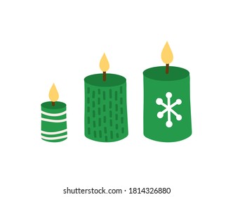 set of Christmas candles. Three green candles are decorated with red and white stars, stripes and dots. cartoon vector illustration isolated on white background