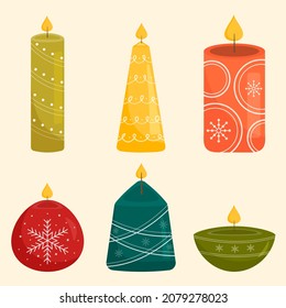 Set of Christmas candles with winter decor. Collection of burning candles. Holiday decor, home comfort. Hyuge style. For card, sticker, invitation.
