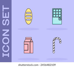 Set Christmas candy cane, Bread loaf, Paper package for milk and Chocolate bar icon. Vector