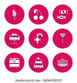 Set Christmas candy cane, Cake, Stack of pancakes, Lollipop, on plate, Candy and Ice cream icon. Vector