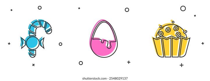 Set Christmas candy cane, Chocolate egg and Cupcake icon. Vector
