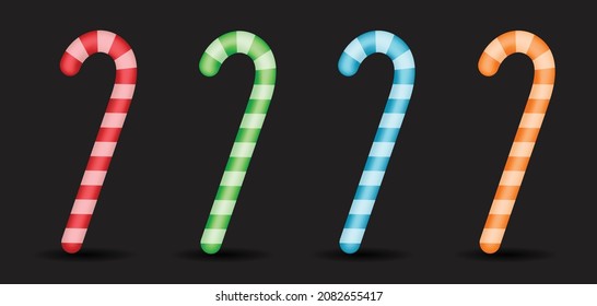 Set of Christmas candy cane in different color. Red, green, blue and orange color Christmas candy cane vector illustration. 3d illustration. Design elements for Christmas or New Year greeting card. 