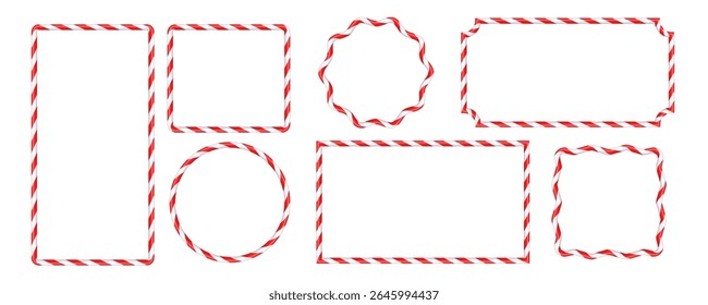 Set of Christmas candy cane figure frames with red and white stripes. Drawing of striped Christmas candy canes . New Year template with space for text .Vector illustration isolated on white background