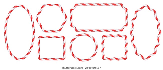 Set of Christmas candy cane figure frames with red and white stripes. Drawing of striped Christmas candy canes . New Year template with space for text .Vector illustration isolated on white background