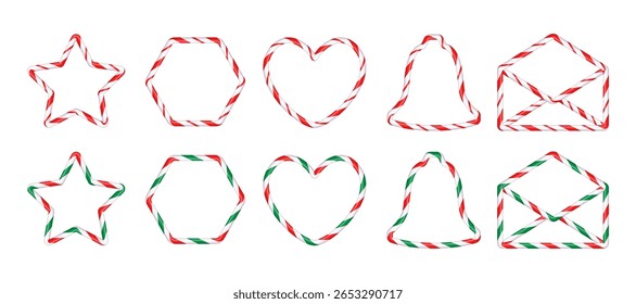 Conjunto de molduras de bonecas de Natal figura com listras vermelhas e brancas. Desenho de bengalas de doces de Natal listradas . Modelo de Ano Novo com espaço para texto. Ilustração de vetor isolada no fundo branco