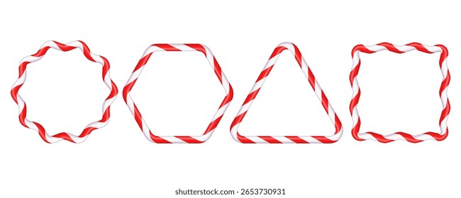 Set of Christmas candy cane figure frames with red and white stripes. Drawing of striped Christmas candy canes . New Year template with space for text .Vector illustration isolated on white background