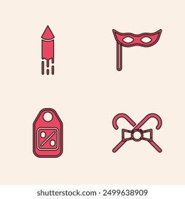 Set Christmas candy cane, Firework rocket, Festive mask and Price tag with Sale icon. Vector