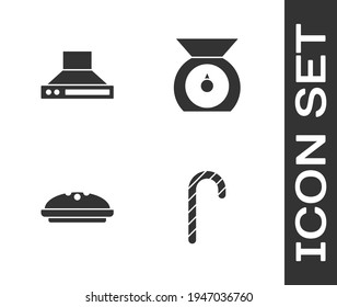 Indique caña de caramelo de Navidad, abanico del extractor de cocina, pastel casero e icono de escalas. Vector