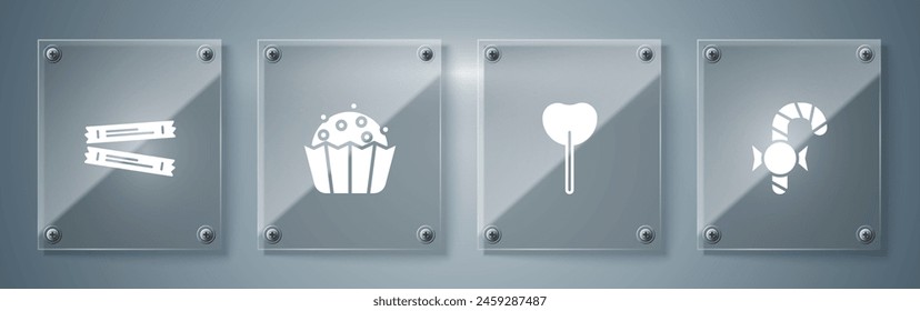 Set de Navidades de caña de caramelo, Lollipop, Cupcake y Sugar stick paquetes. Paneles de vidrio cuadrado. Vector